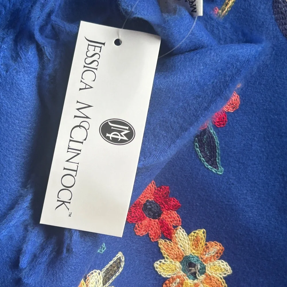 Jessica McClintock Otomi Embroidery Scarf Blue Fabric with Floral Paisley Design